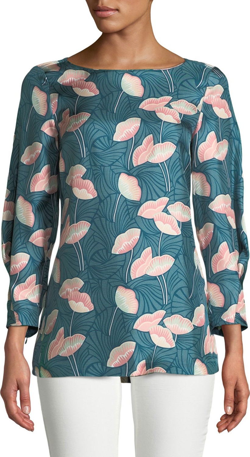 Lafayette 148 New York Caddie 3/4-Sleeve Floral Silk Blouse