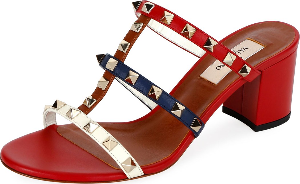 Valentino Rockstud Caged 60mm Colorblock Slide Sandals