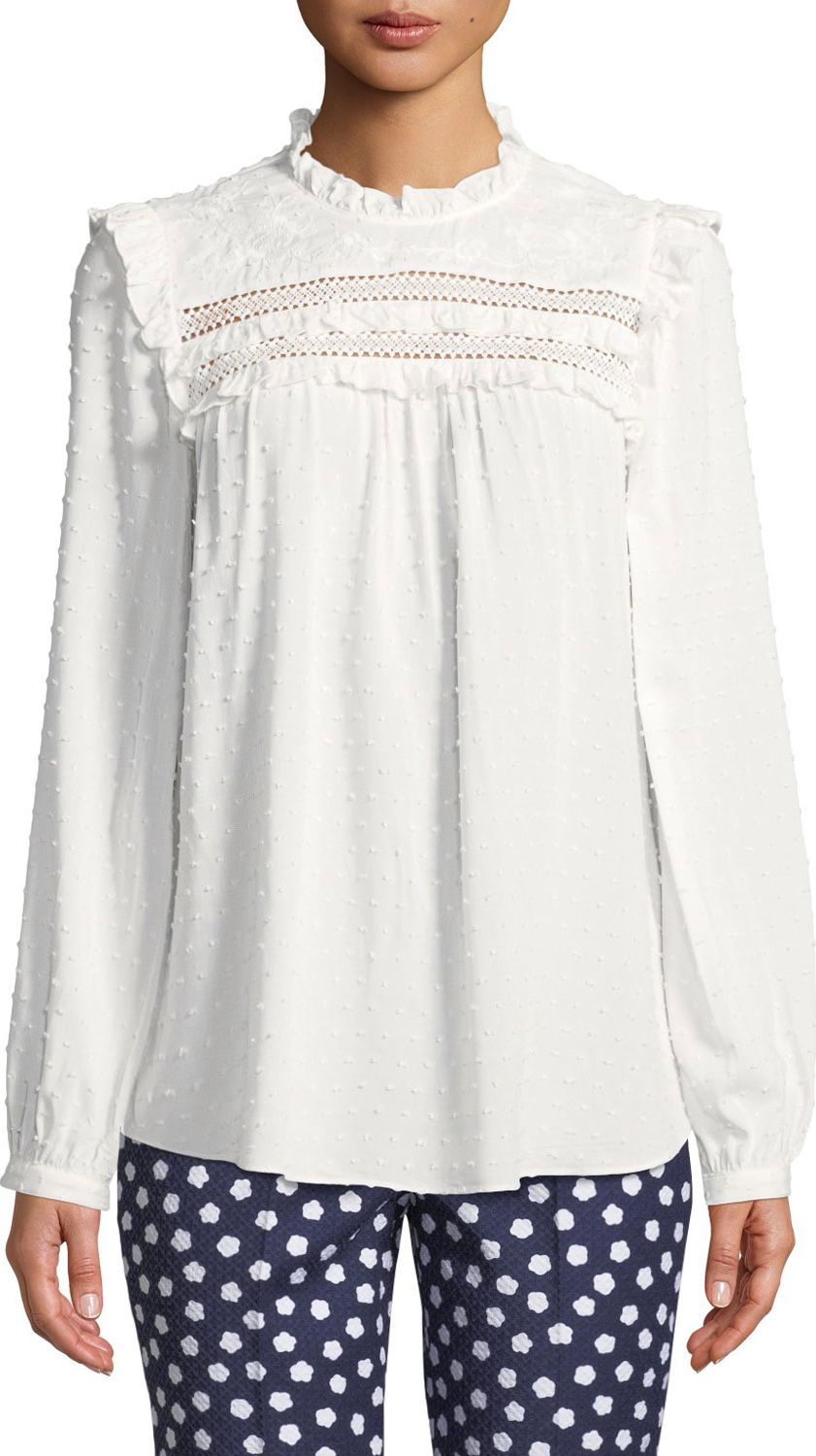Kate Spade New York swiss-dot long-sleeve blouse with ruffled trim