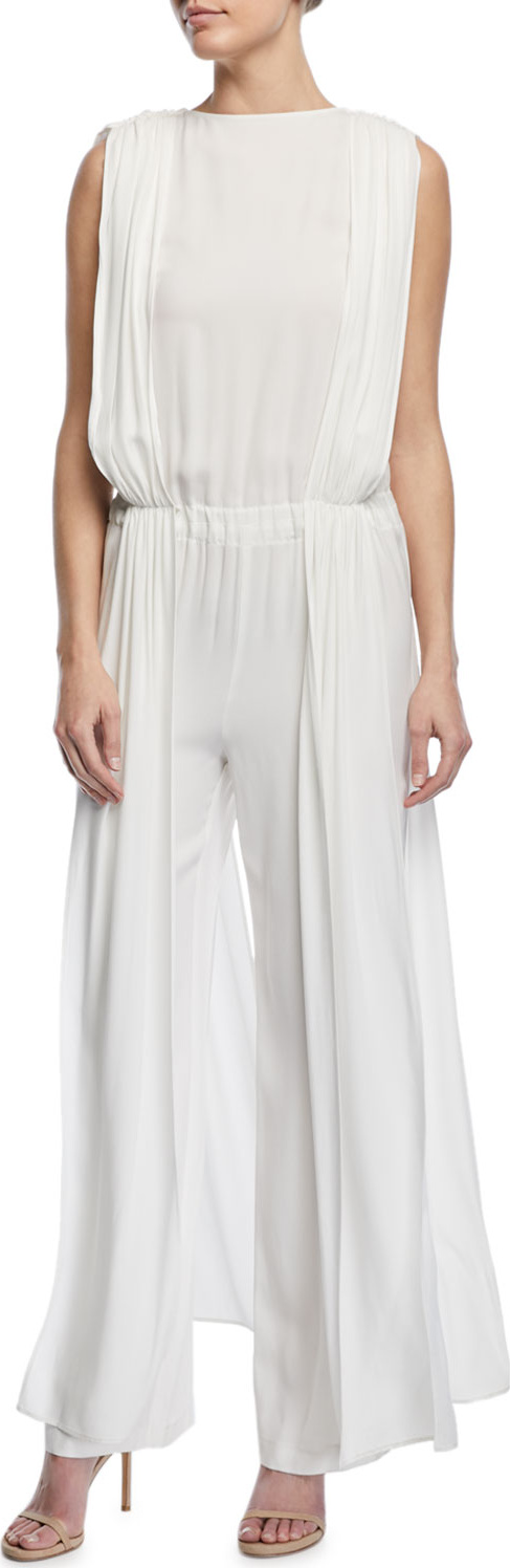 Carolina Ritzler High-Neck Sleeveless Wide-Leg Crepe Satin Jumpsuit