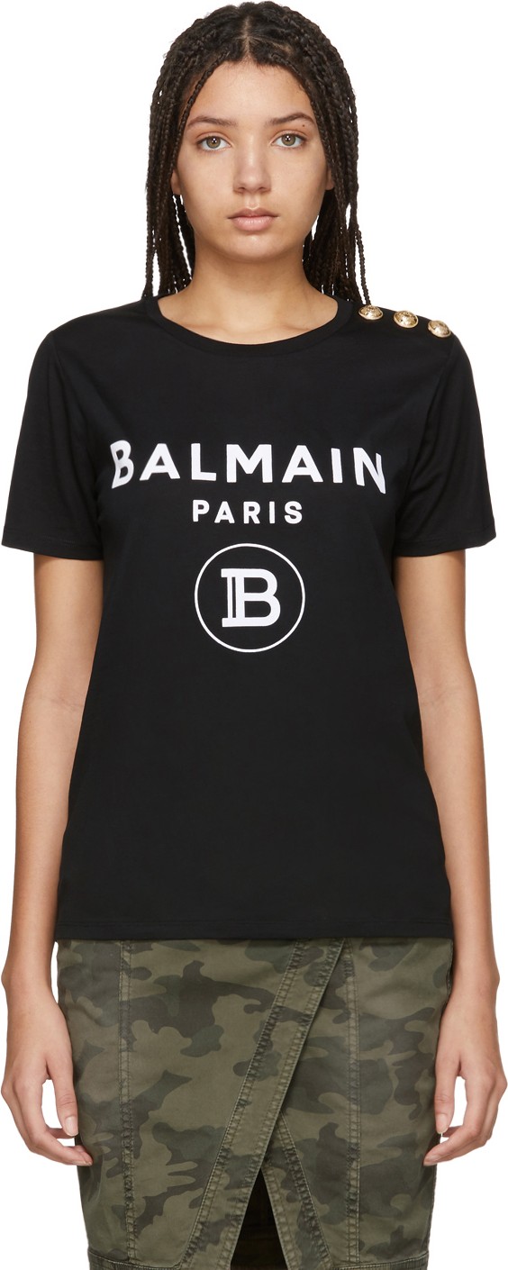 Balmain Black Button Flocked Logo T-Shirt