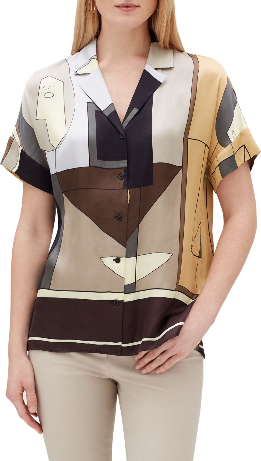 Lafayette 148 New York Beatrice Cubist-Print Button-Front Sheen Cloth Blouse