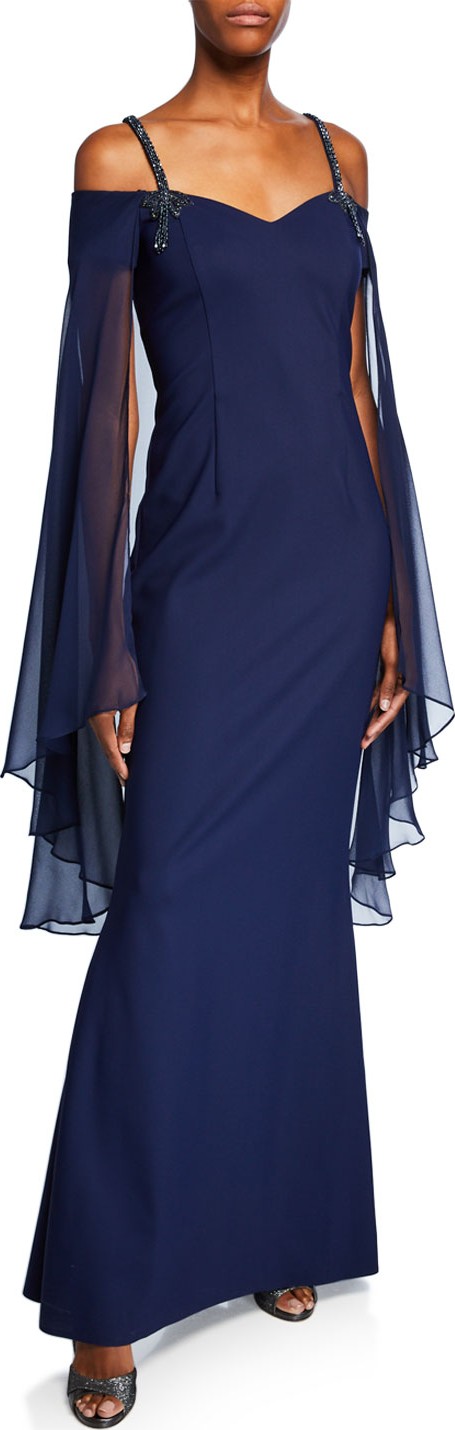 Rickie Freeman for Teri Jon Sweetheart Beaded-Strap Long-Sleeve Chiffon Capelet Illusion Dress