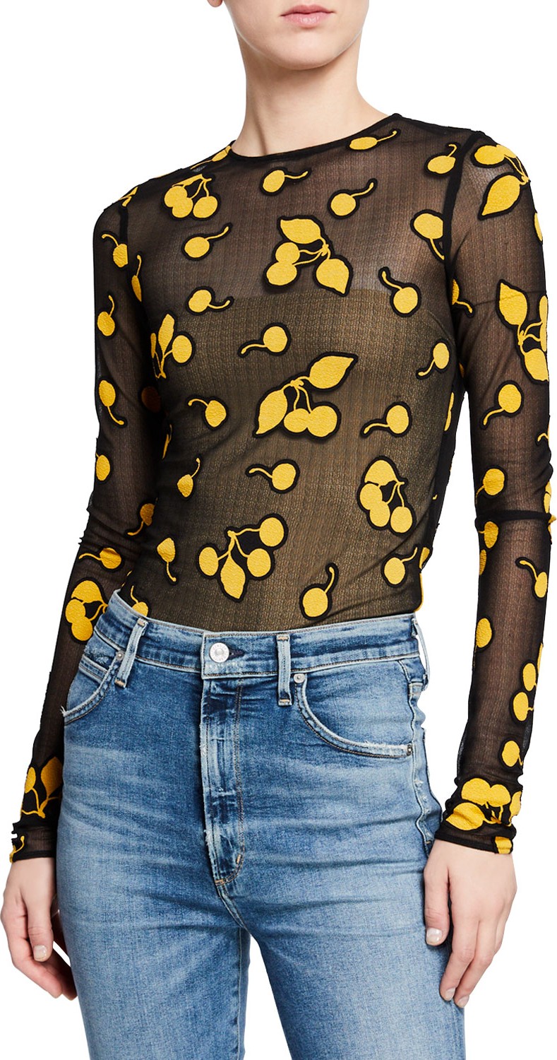 3.1 Phillip Lim Sheer Cherry-Print Crewneck Top