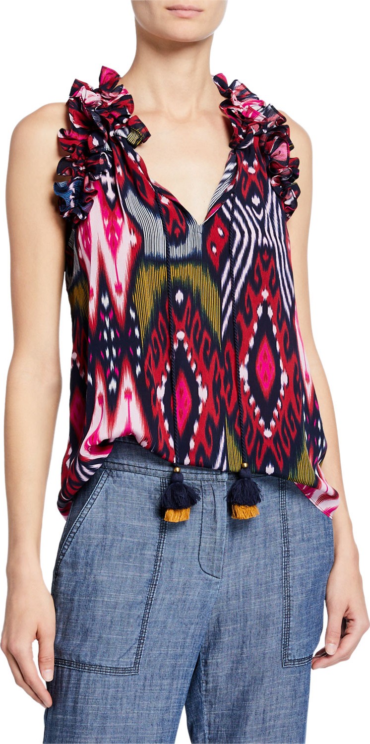 FIGUE Fabiana Sleeveless Ruffled Ikat Blouse