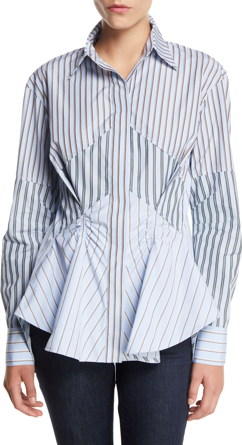 Carven Striped Gathered Button-Front Cotton Shirt