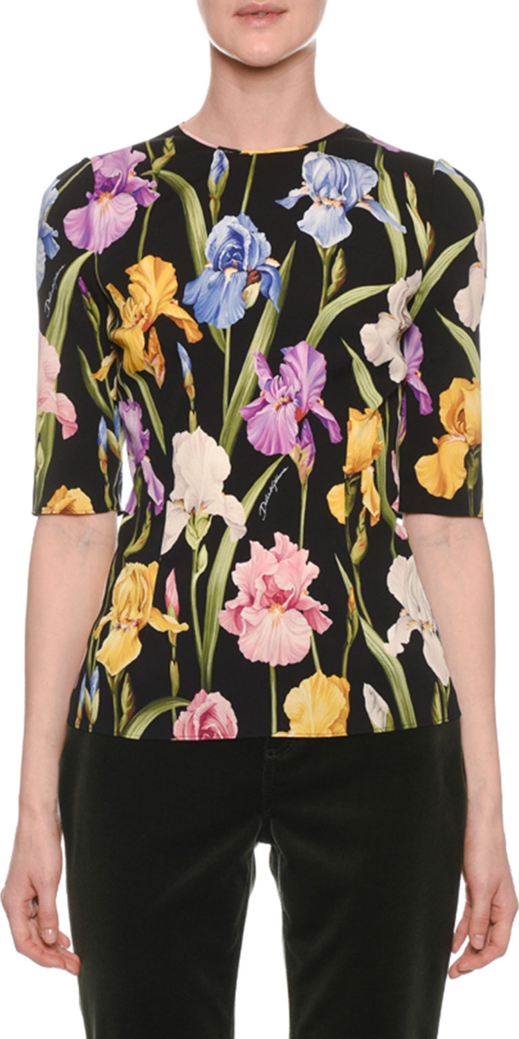 Dolce & Gabbana Elbow-Sleeve Iris-Print Fitted Charmeuse Top