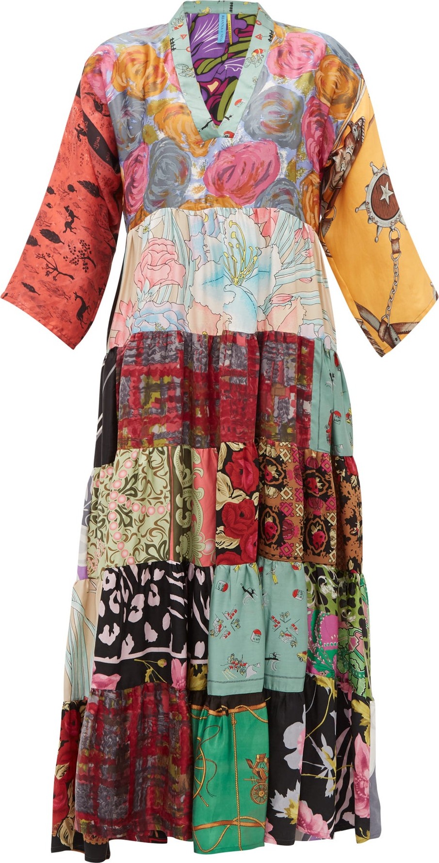 Rianna + Nina Vintage patchwork-print V-neck silk dress