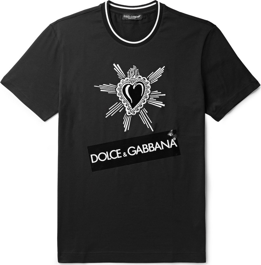 Dolce & Gabbana Velvet-Trimmed Embroidered Logo-Print Cotton-Jersey T-Shirt