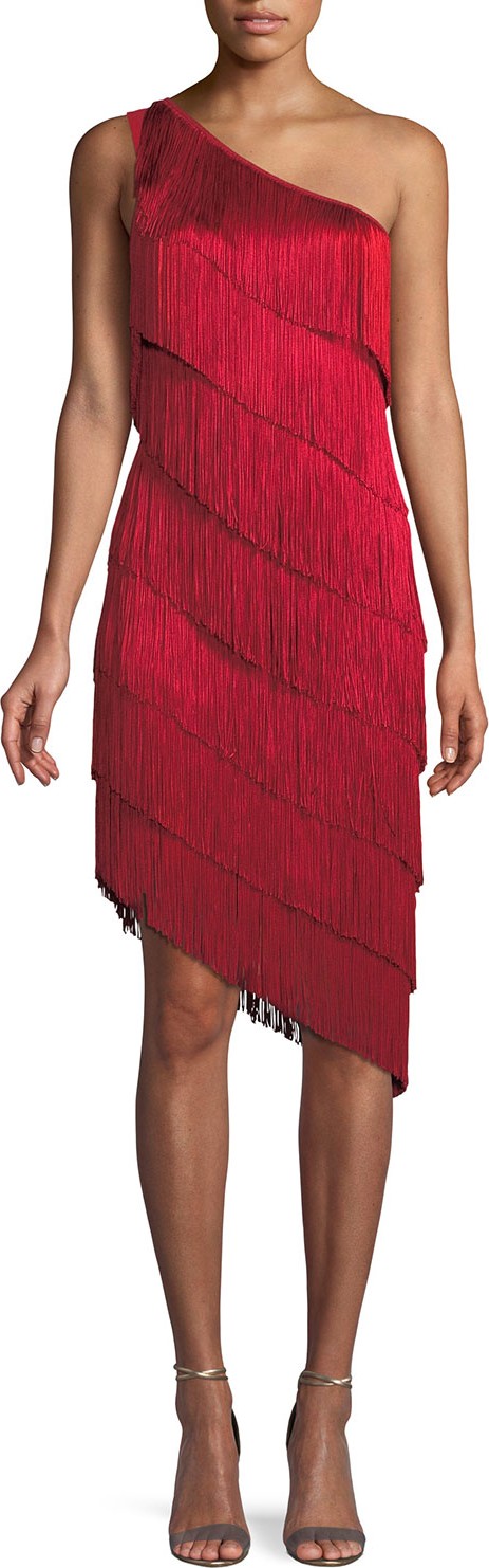 Norma Kamali Fringe One-Shoulder Cocktail Dress
