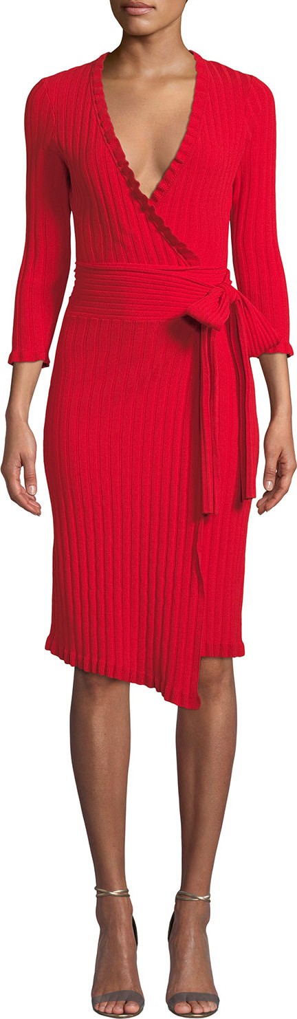 MILLY Ruffled-Edge 3/4-Sleeve Wrap Dress
