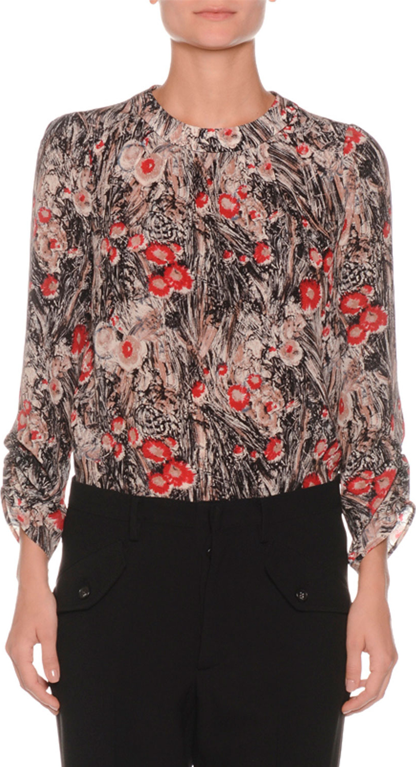 Nº21 Floral-Print Ruched-Sleeve Silk Blouse