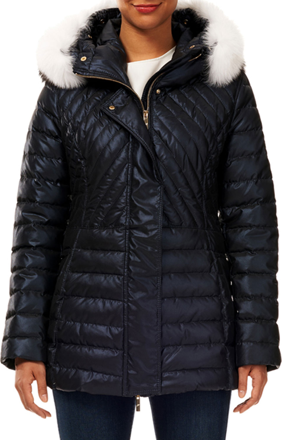 Gorski Zip-Front Quilted Puffer Apres Ski Jacket w/ Detachable Fox Hood Trim Gorski Zip-Front Quilted Puffer Apres Ski Jacket w/ Detachable Fox Hood Trim