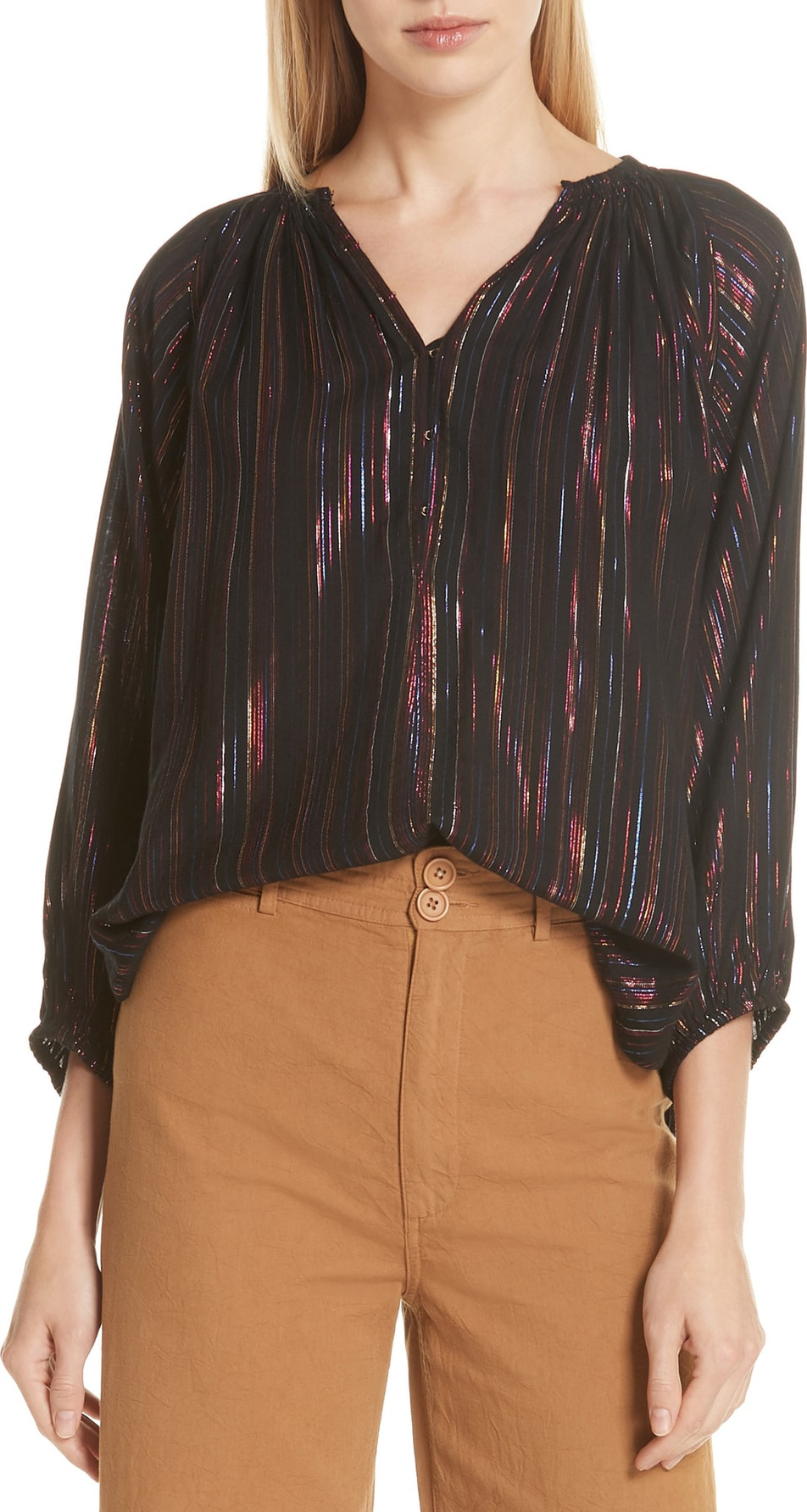 APIECE APART Isla Metallic Rainbow Stripe Blouse