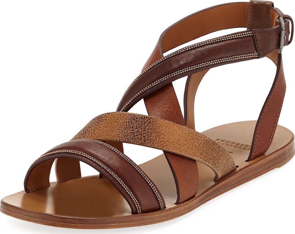 Brunello Cucinelli Flat Multi-Strap Leather Sandals