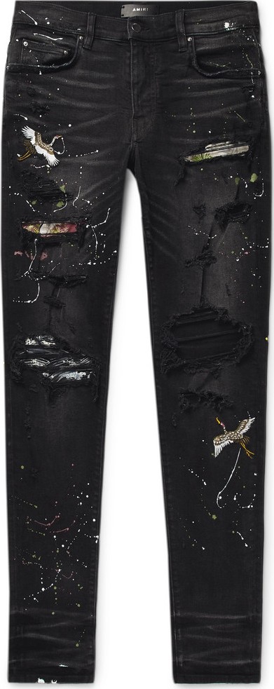 Amiri Skinny-Fit Appliquéd Paint-Splattered Distressed Stretch-Denim Jeans