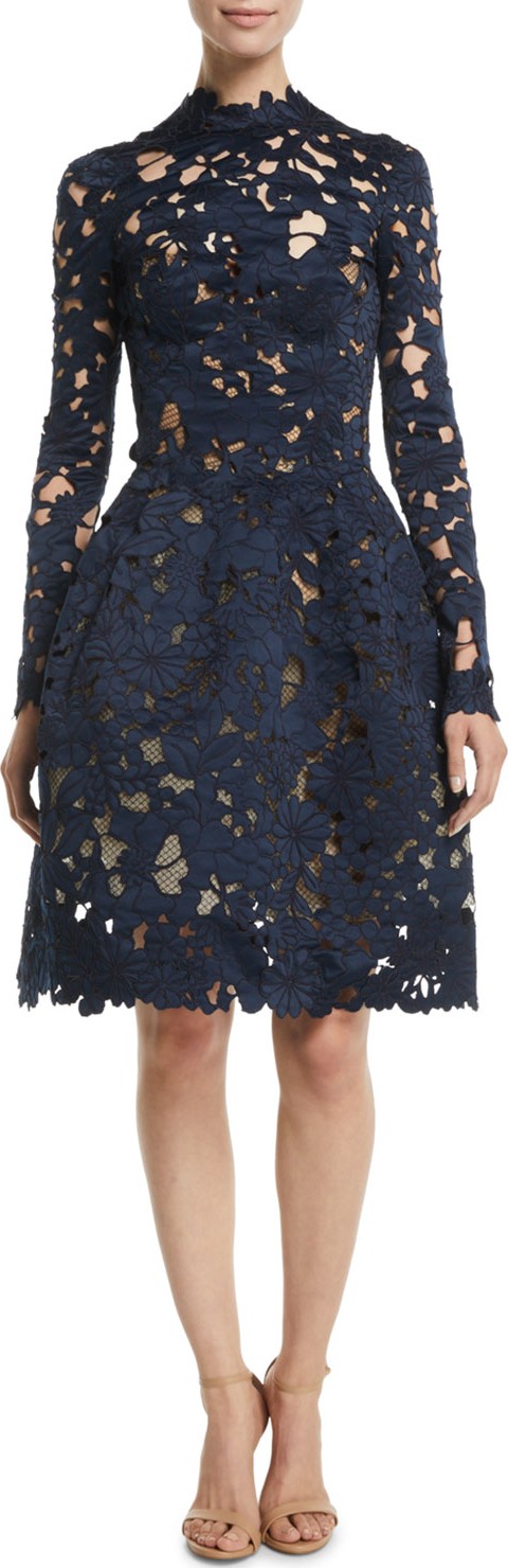 Oscar De La Renta Long-Sleeve Floral-Guipure Fit-and-Flare Cocktail Dress