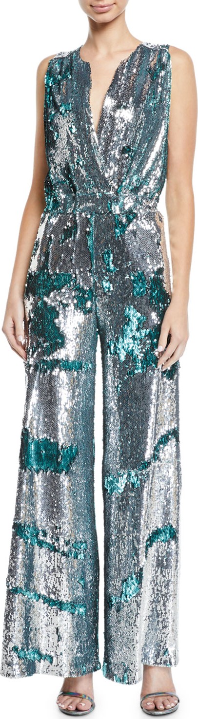 Carolina Ritzler Irma Sleeveless Surplice Wide-Leg Allover Sequin Jumpsuit