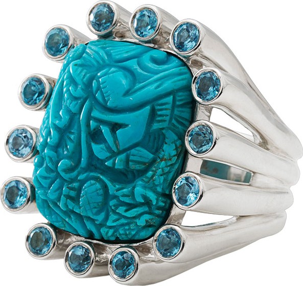 Stephen Dweck Carved Turquoise & Blue Topaz Ring