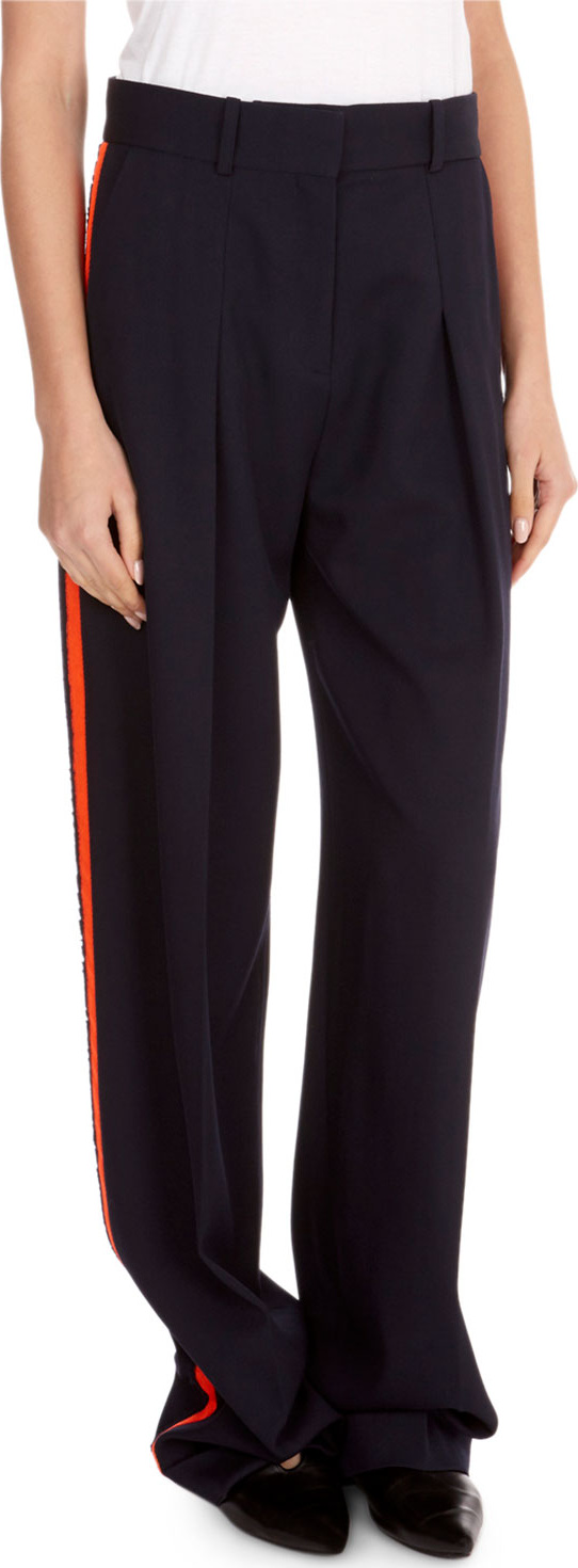 VICTORIA, VICTORIA BECKHAM Flat-Front Wide-Leg Wool Pants with Tux Stripe