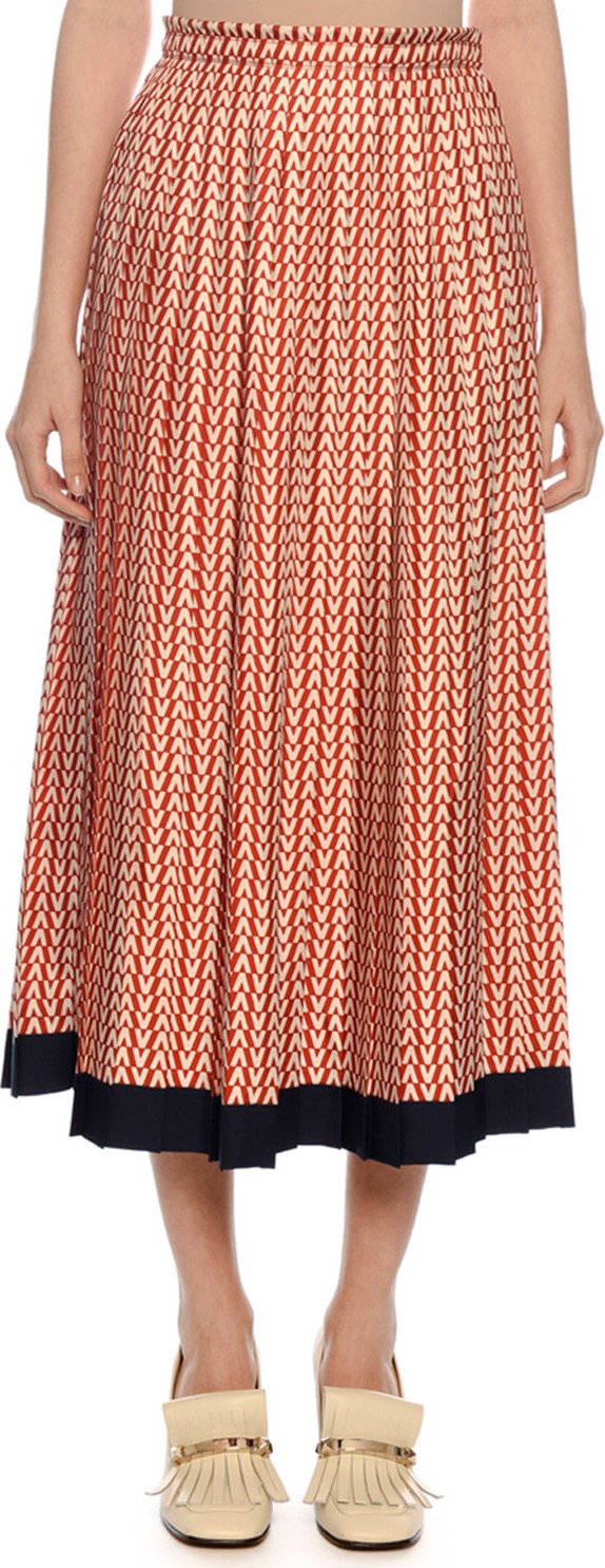 Valentino High-Waist Optical Logo-Print Pleated A-Line Midi Skirt