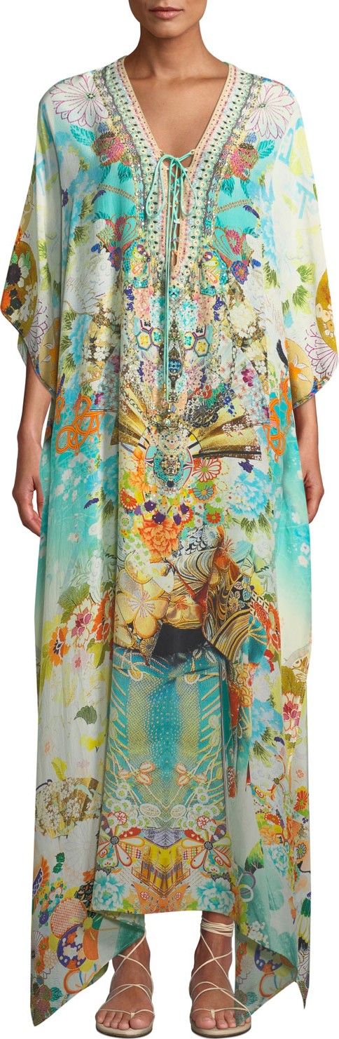Camilla Printed Embellished Lace-Up Coverup Kaftan