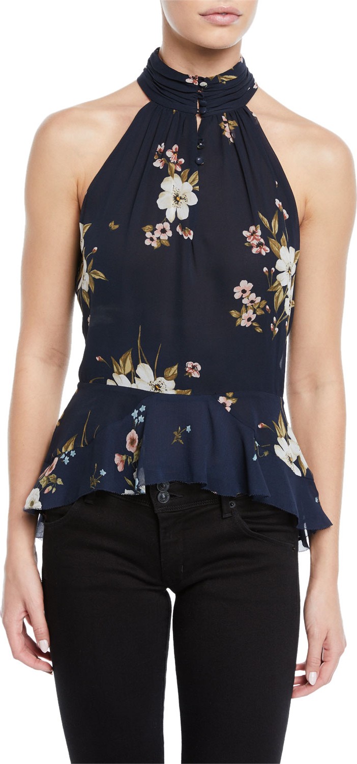 Joie Abbigayl Floral-Print Silk Halter Peplum Top