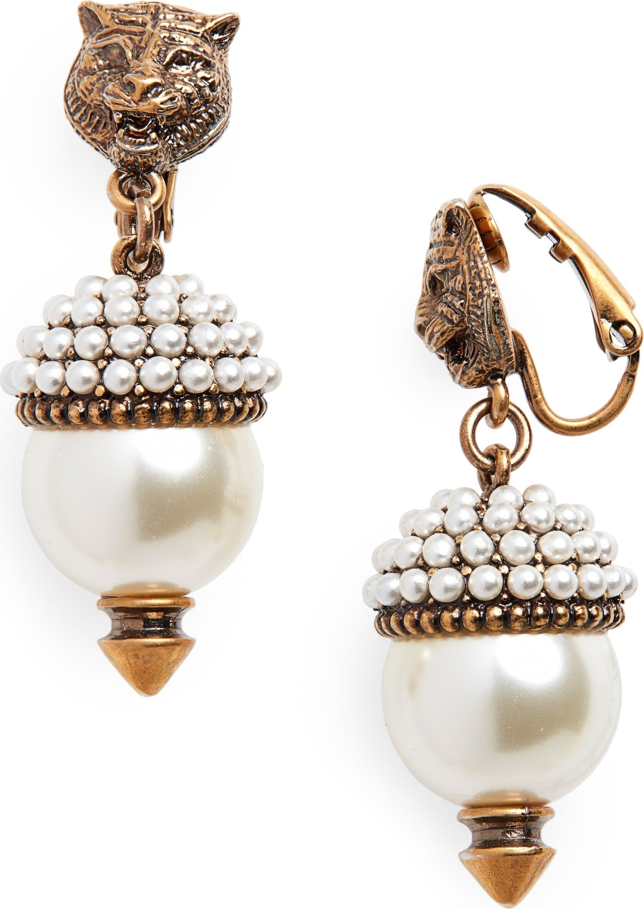 Gucci Feline Head Faux Pearl Drop Earrings