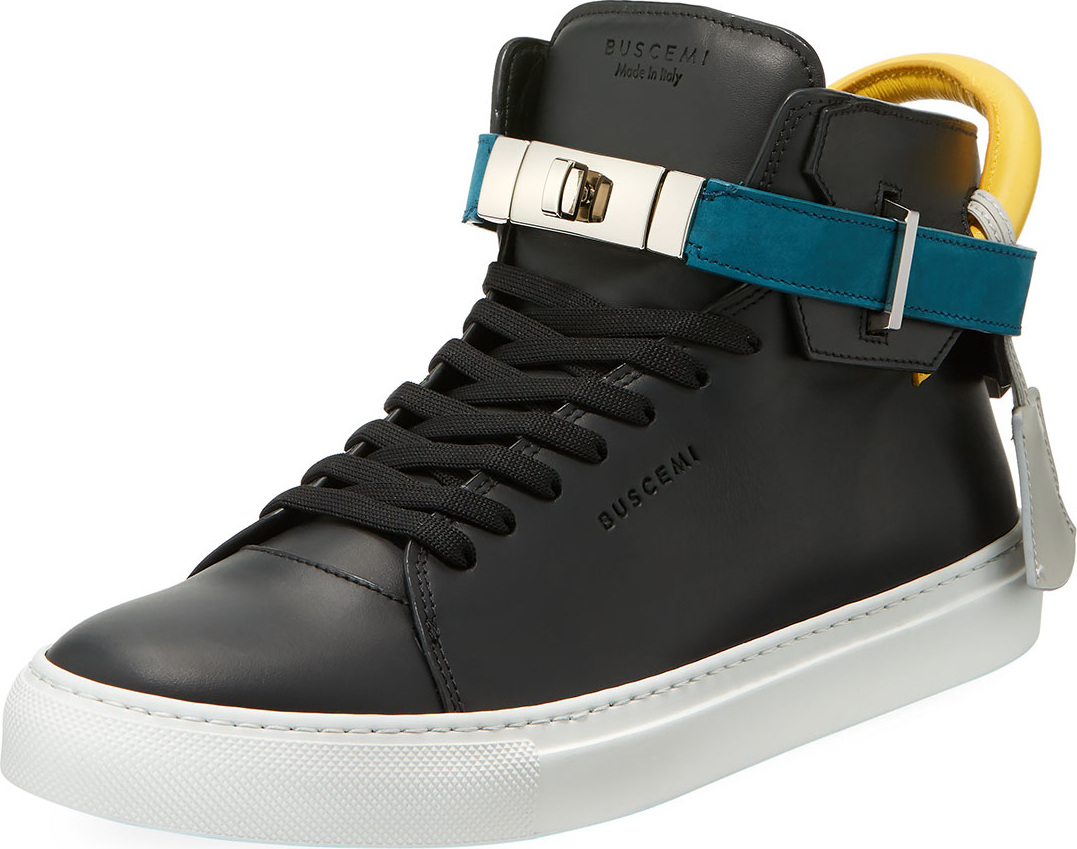 Buscemi Men's 100mm Tricolor Leather Turn-Lock Mid-Top Sneaker