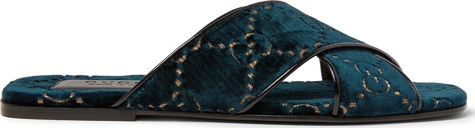 Gucci Leather-Trimmed Logo-Embroidered Velvet Slides