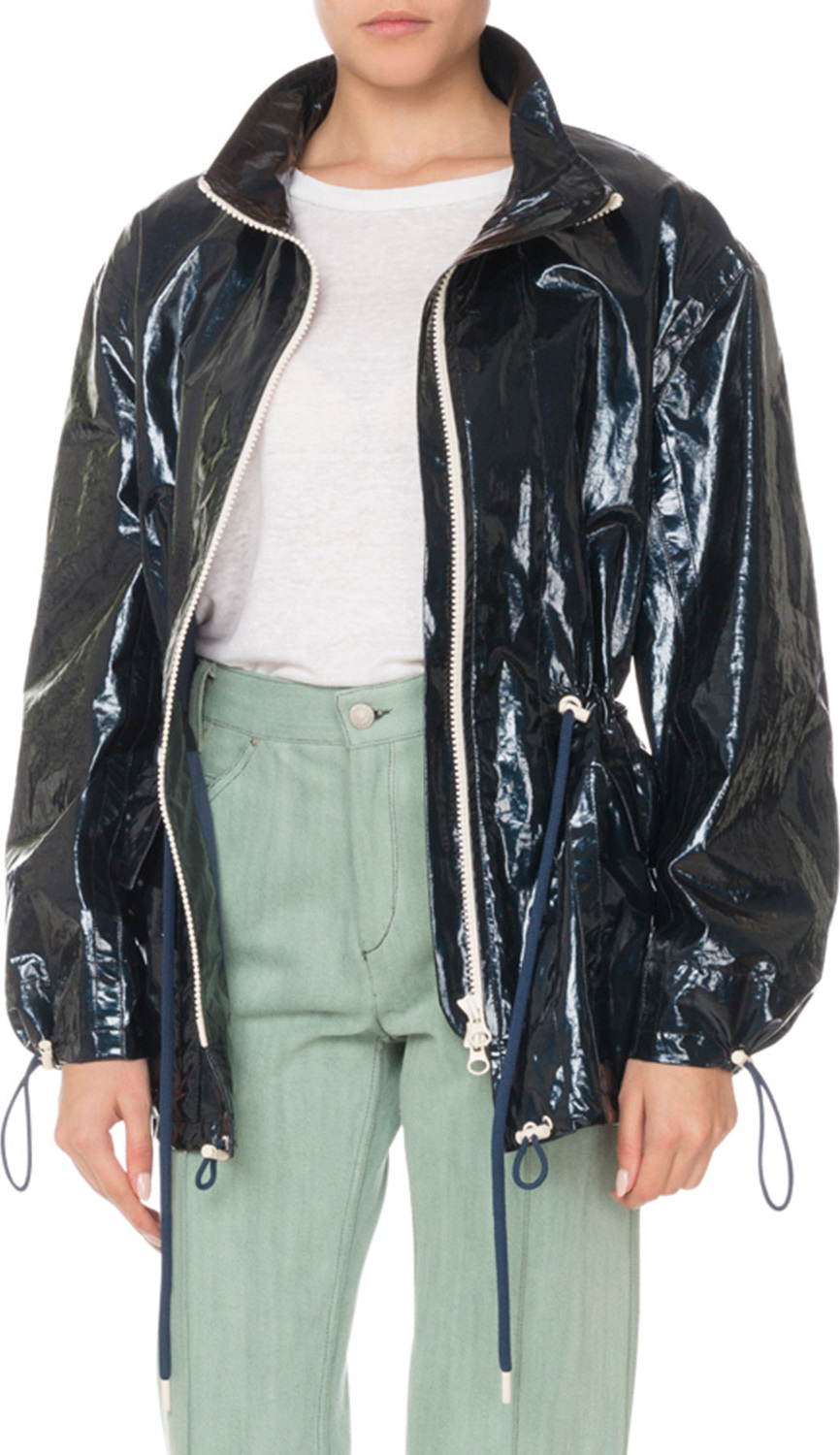 Isabel Marant Zip-Front Drawstring-Waist Shiny Rain Coat