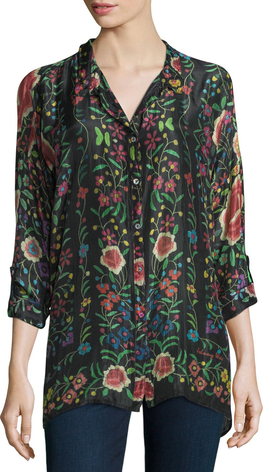 Johnny Was Emby Button-Front Floral-Print Blouse, Black/Multi