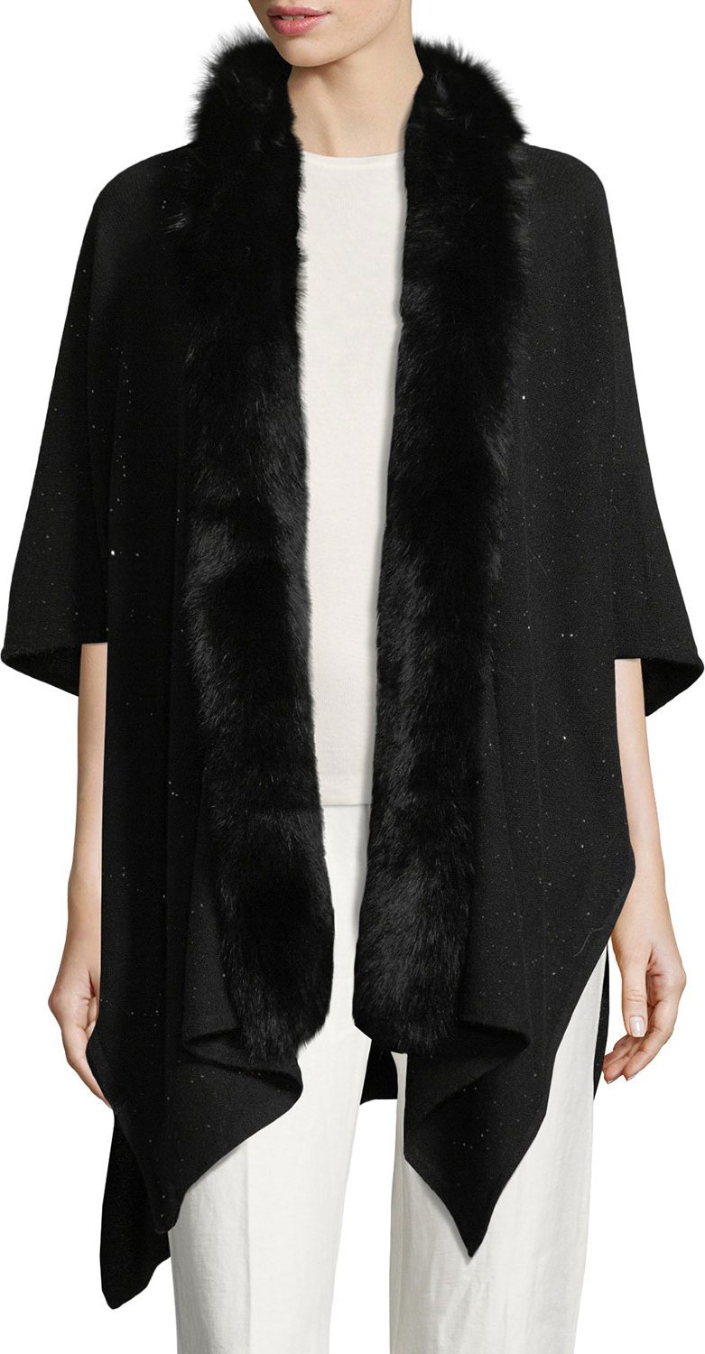 Sofia Cashmere Cashmere-Blend Sequin Ruana Wrap w/ Fur Trim