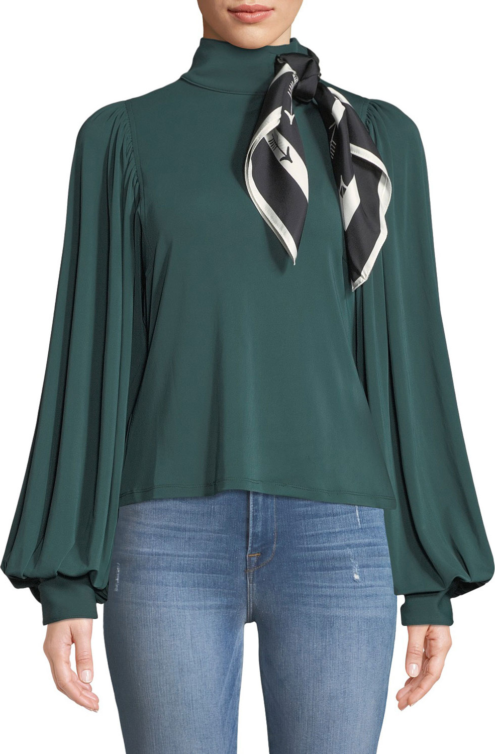 Self Portrait Jersey Puff-Sleeve Top with Scarf