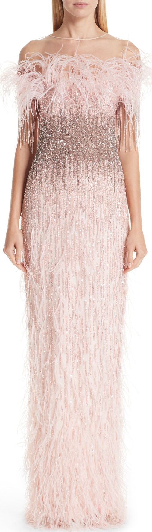 Pamella Roland Feather Trim Embellished Column Gown