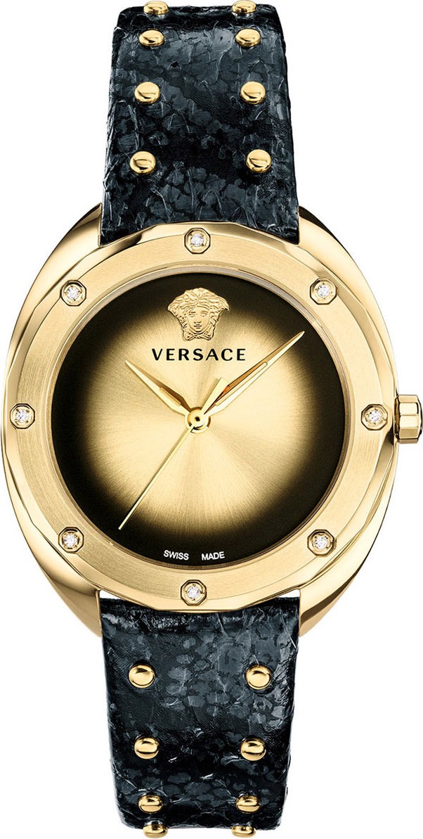 Versace 38mm Shadov Diamond Leather Watch, Black/Champagne
