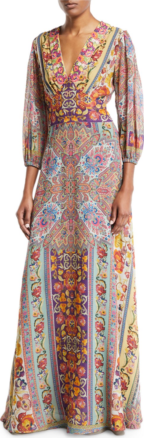 Etro 3/4-Sleeve Floral-Print Beaded Bodice Gown