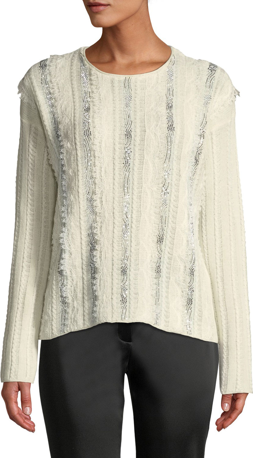 Ermanno Scervino Crewneck Long-Sleeve Embroidered Lace Sweater