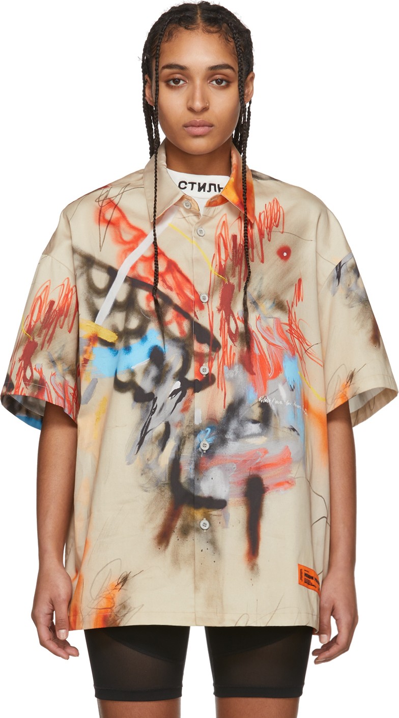 Heron Preston Biege Robert Nava Edition Baseball Short Sleeve Shirt