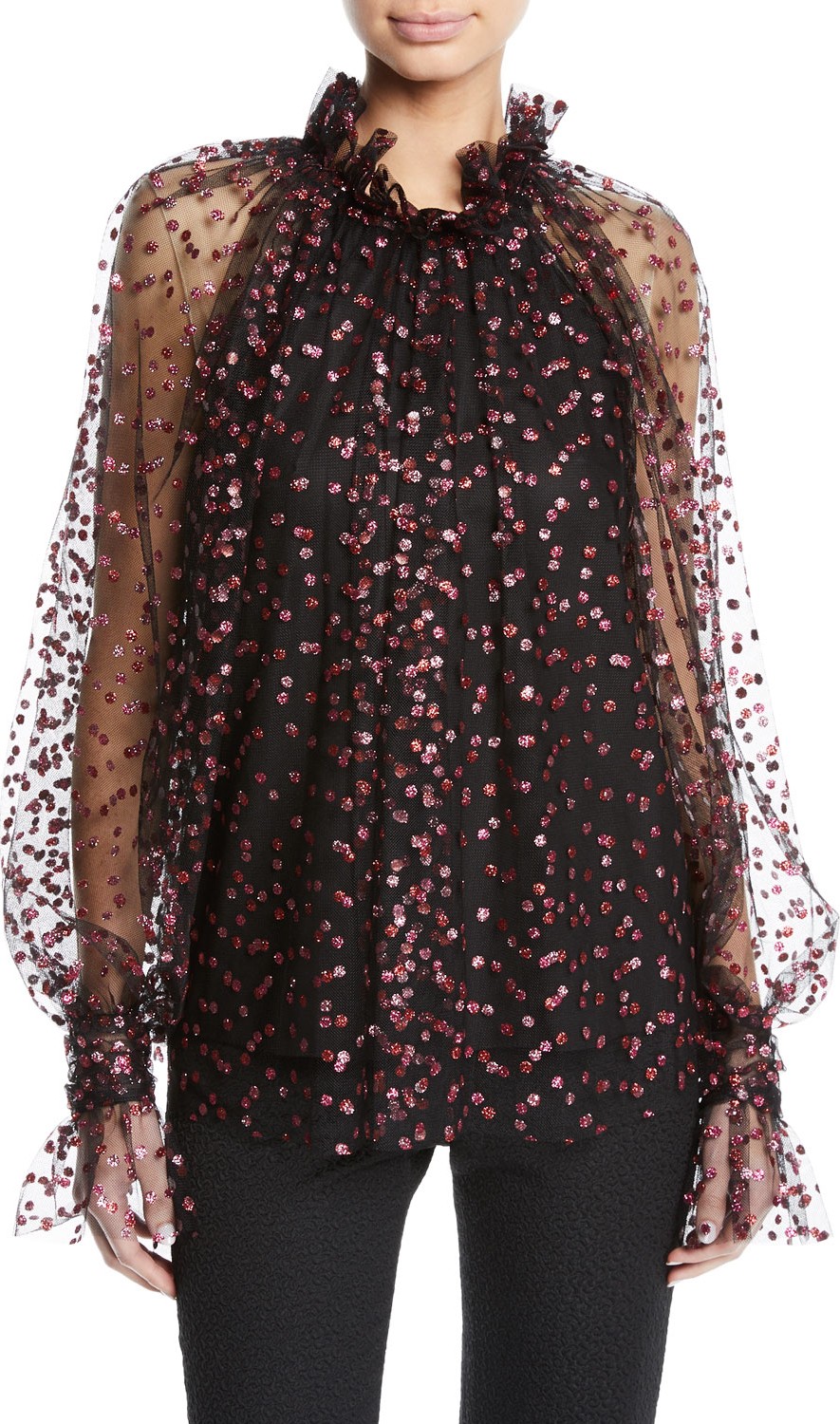 Monique Lhuillier Glitter-Confetti Frilled Tulle Blouse