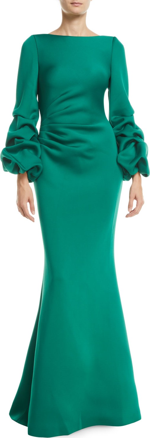 Jovani Shirred Balloon-Sleeve Gown