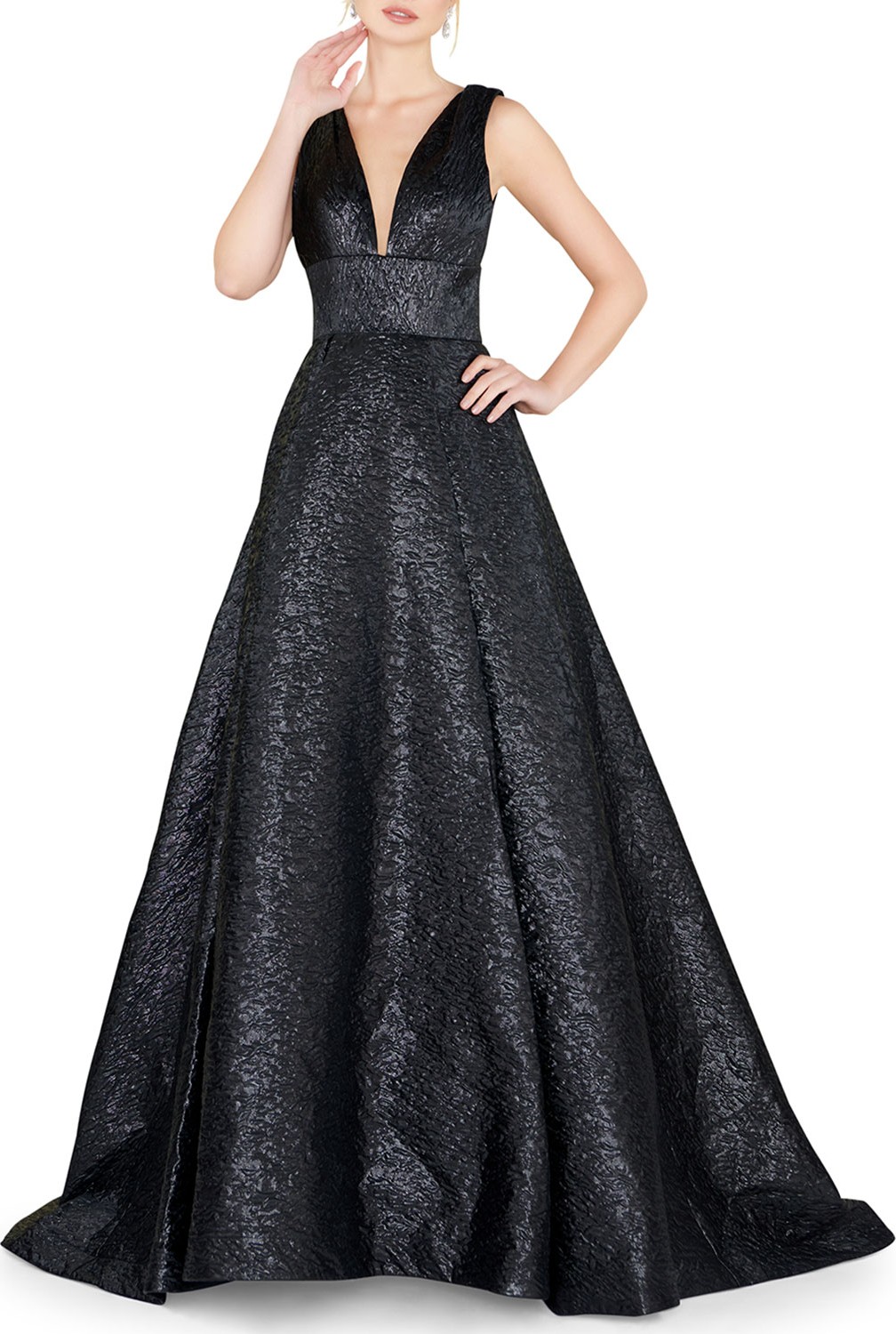 Mac Duggal V-Neck Sleeveless Metallic Jacquard Empire Gown