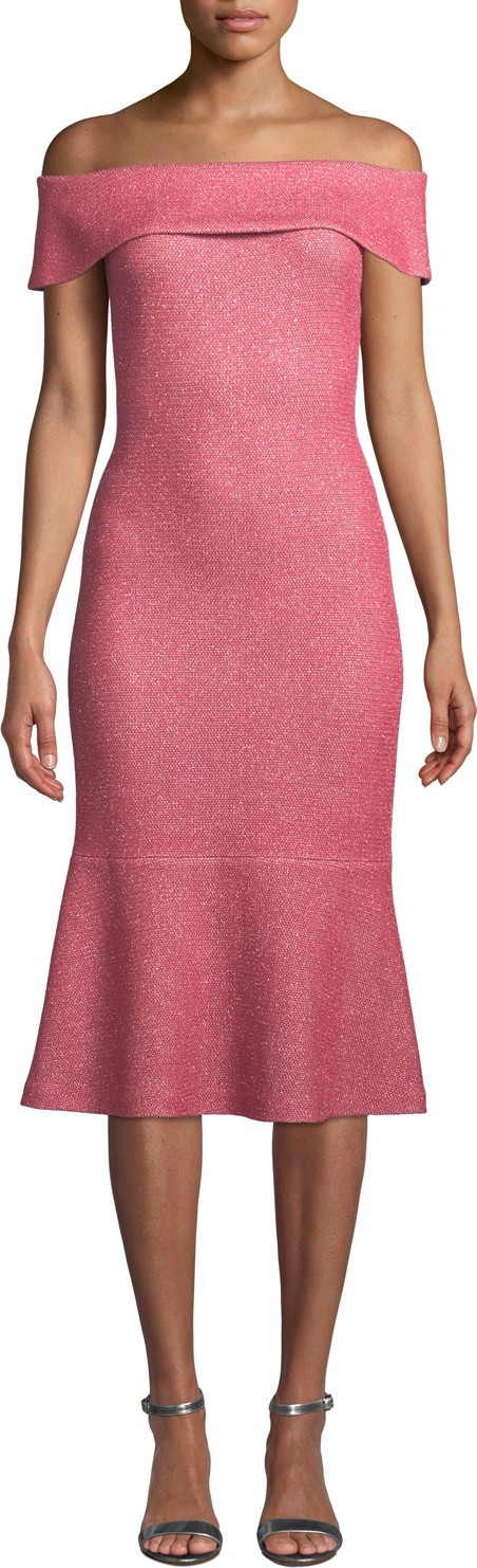 St. John Links Sequin-Knit Off-the-Shoulder Flounce Dress