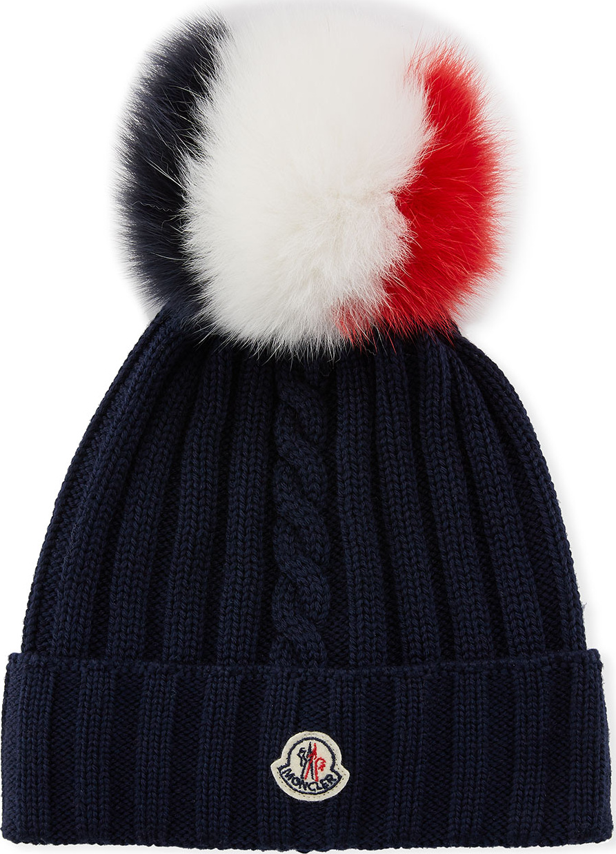 Moncler Berretto Knit Beanie Hat w/ Fur Pompom