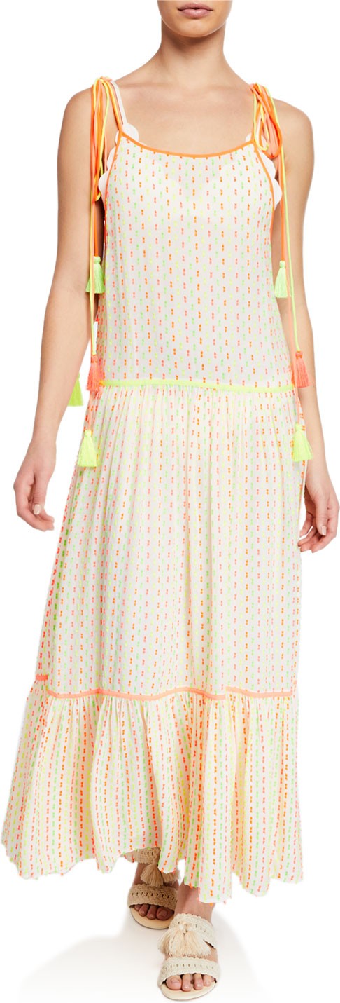Tessora Andrea Embroidered Shoulder-Tie Midi Dress