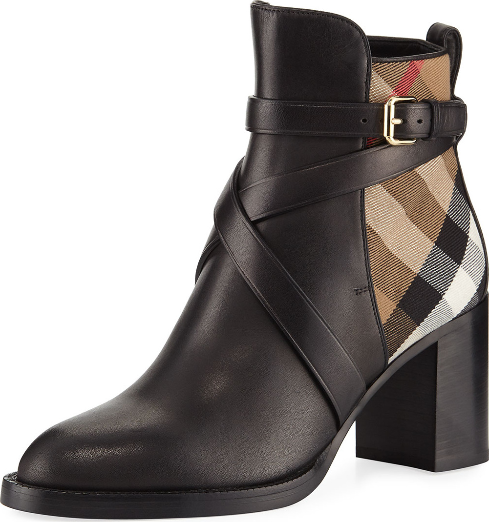 Burberry London England Vaughan Leather & Check 70mm Block-Heel Booties