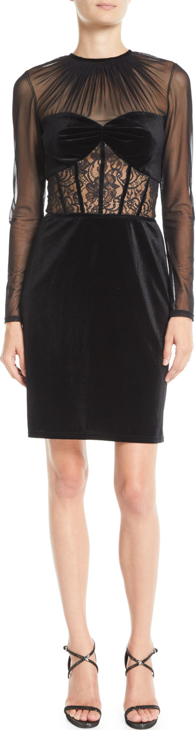 Tadashi Shoji Long-Sleeve Velvet & Lace Corset Dress