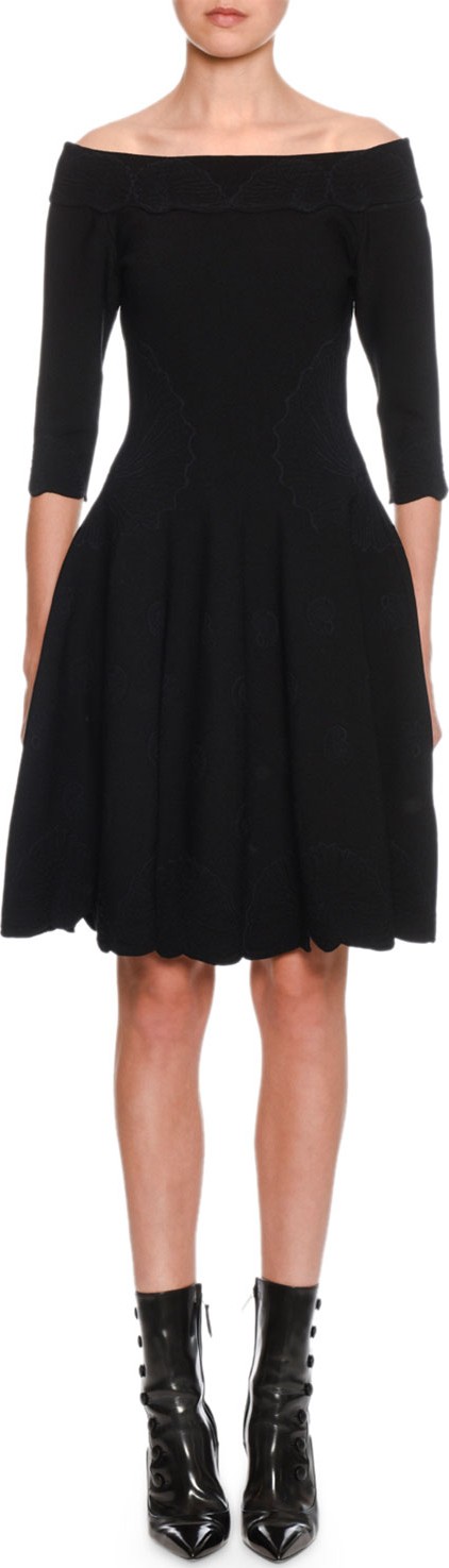 Alexander McQueen Off-The-Shoulder Shell-Embossed A-Line Dress
