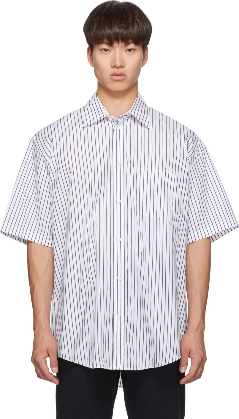 Balenciaga White & Navy Logo Tab Short Sleeve Shirt