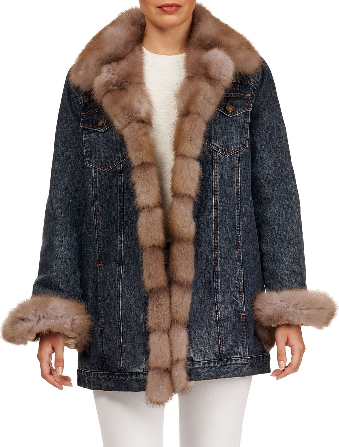 Pajaro Long Denim Jacket with Sable-Fur Combo